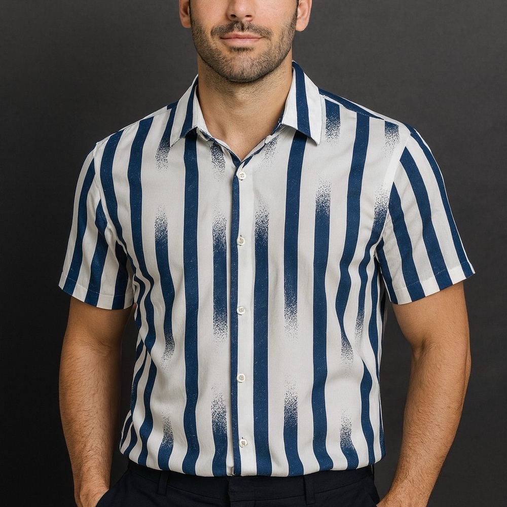 Zara Men's Navy and White Patterned Shirt